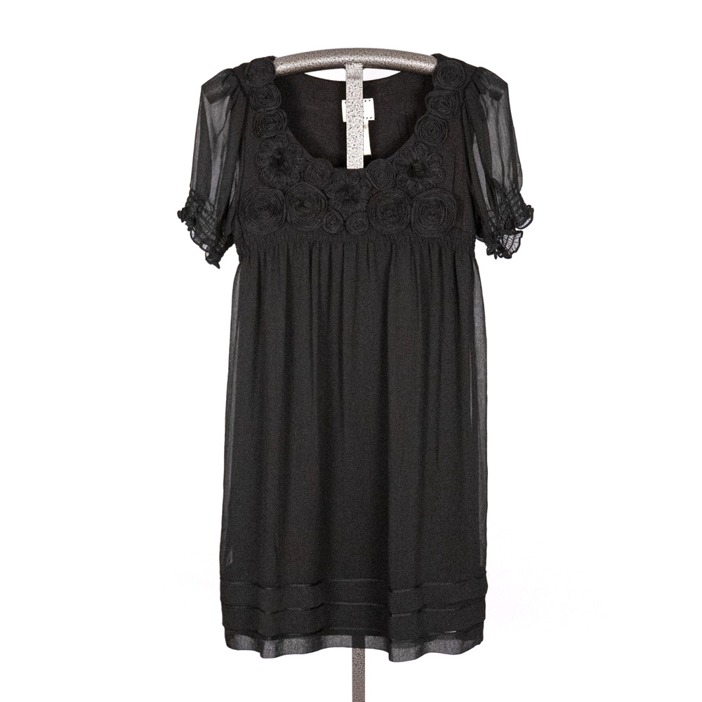 Black Vintage ICE Empire Waist Dress Size 8 Floral Rosette Bodice Sheer Sleeves